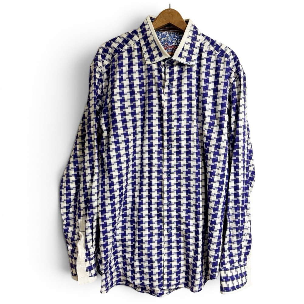 ROBERT GRAHAM 100% COTTON Purple White‎ Houndstooth LONG SLEEVE SHIRT SIZE XL